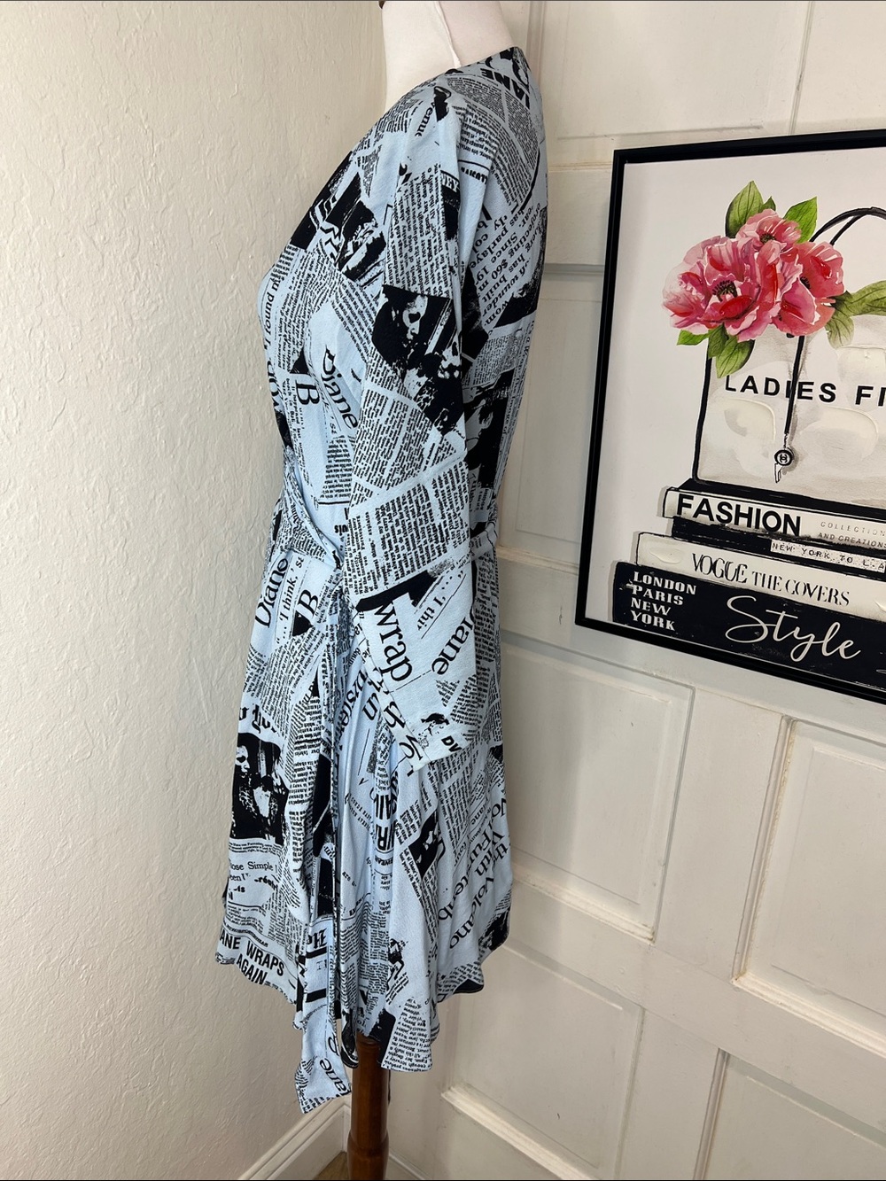 Diane Von Furstenberg Light Blue and Black Newspaper Print Wrap Dress - Picture 4 of 9